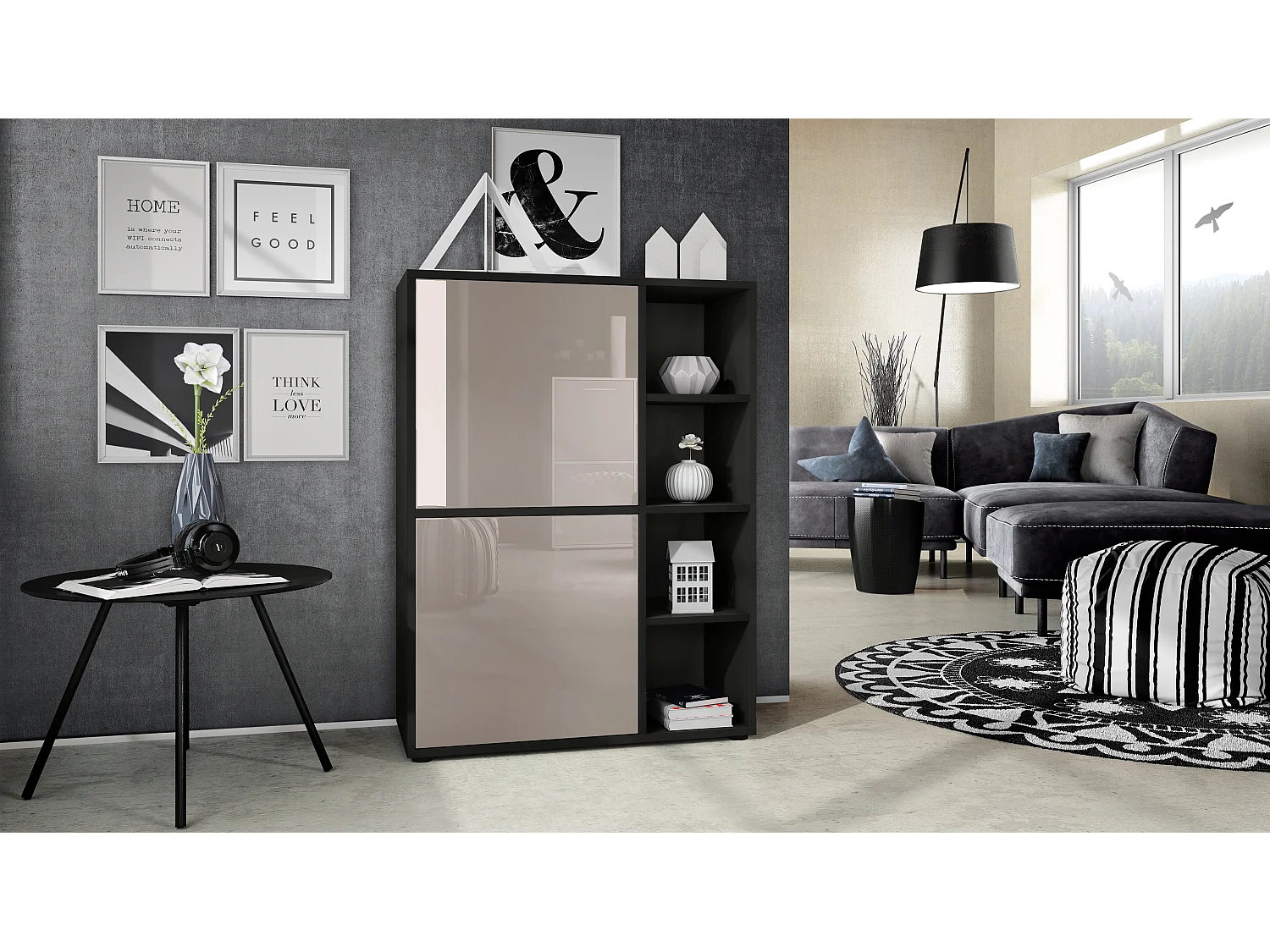 Credenza  Cuba 79 x 105,5 x 35,5 cm Credenza con 8 ripiani, Struttura in nero opaco / Ante in grigio sabbia lucido