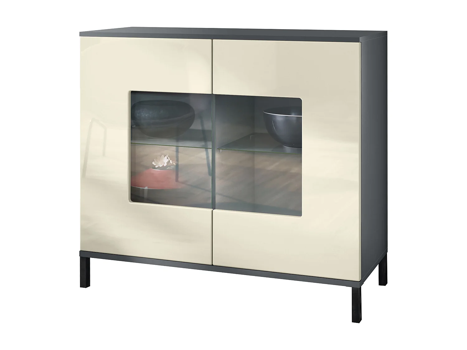 Commode Grömitz V3, Armoire de cuisine moderne avec 2 grandes portes vitrées anthracite mat / crème haute brillance (92,5 x 83.5 x 35)