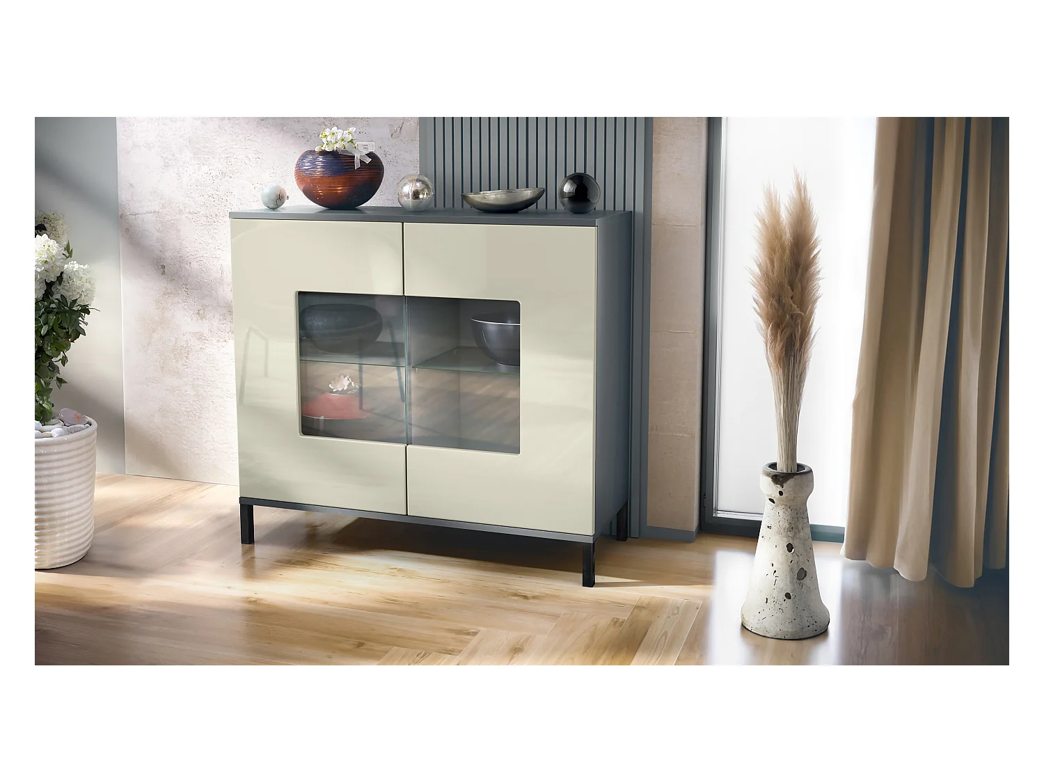 Commode Grömitz V3, Armoire de cuisine moderne avec 2 grandes portes vitrées anthracite mat / crème haute brillance (92,5 x 83.5 x 35)