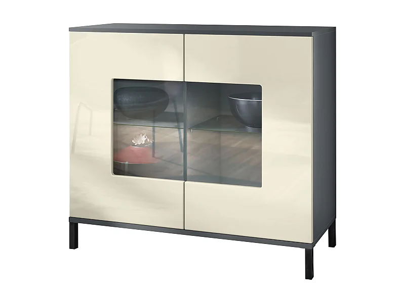 Commode Grömitz V3, Armoire de cuisine moderne avec 2 grandes portes vitrées anthracite mat / crème haute brillance (92,5 x 83.5 x 35)