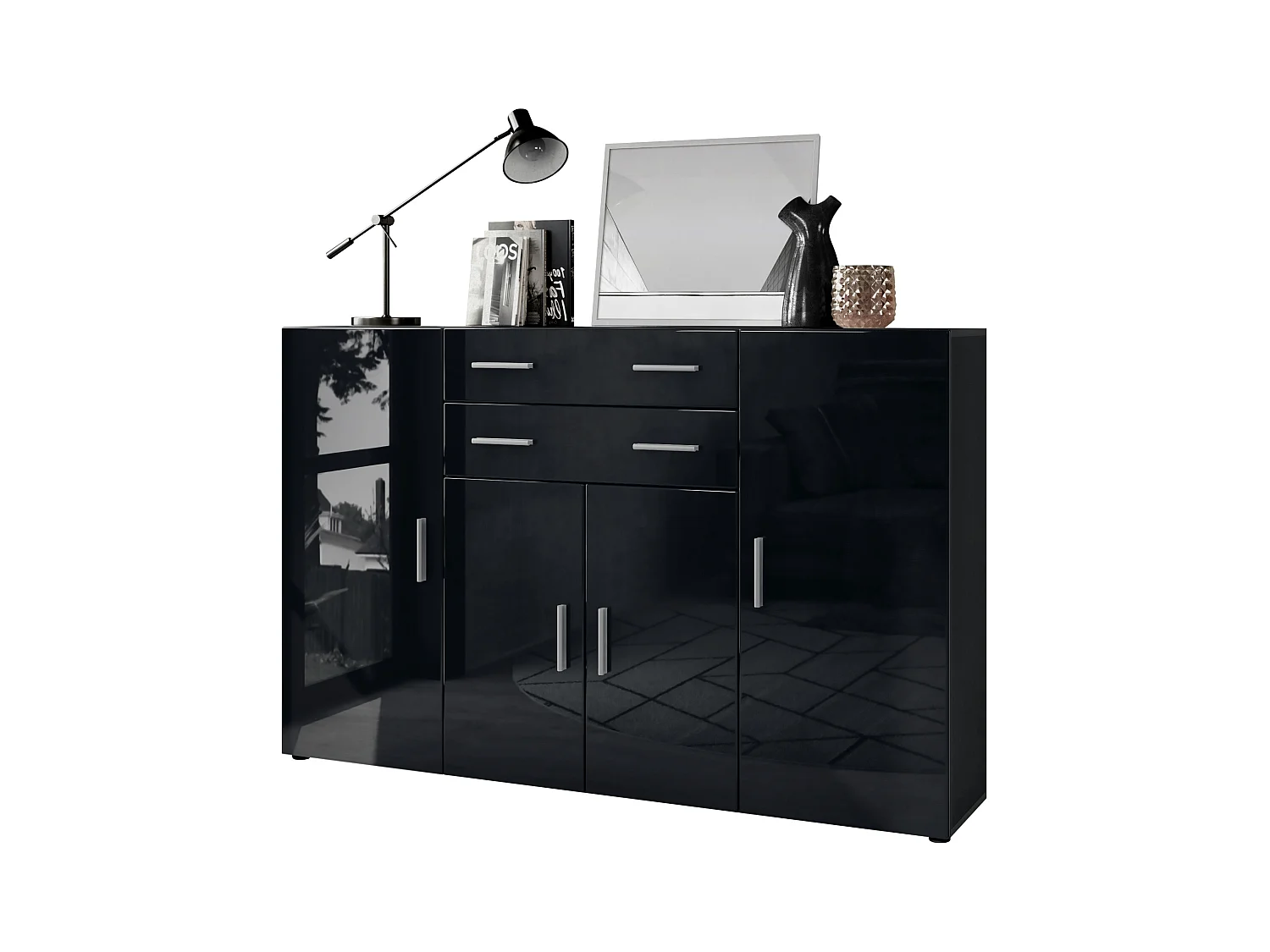 Le Buffet Haut Aron bahut avec 2 tiroirs et 4 portes avec un total de 8 compartiments derrière, anthracite mat/noir haute brillance (166,5 x 106,5 x 35 cm)