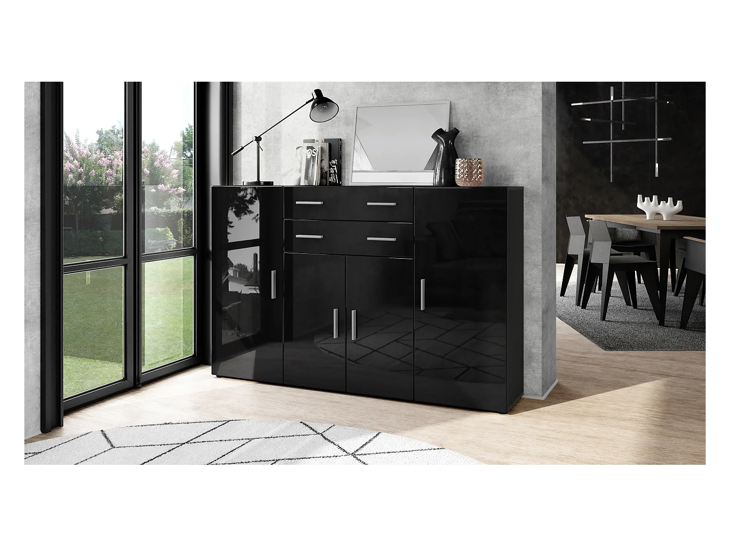 Le Buffet Haut Aron bahut avec 2 tiroirs et 4 portes avec un total de 8 compartiments derrière, anthracite mat/noir haute brillance (166,5 x 106,5 x 35 cm)