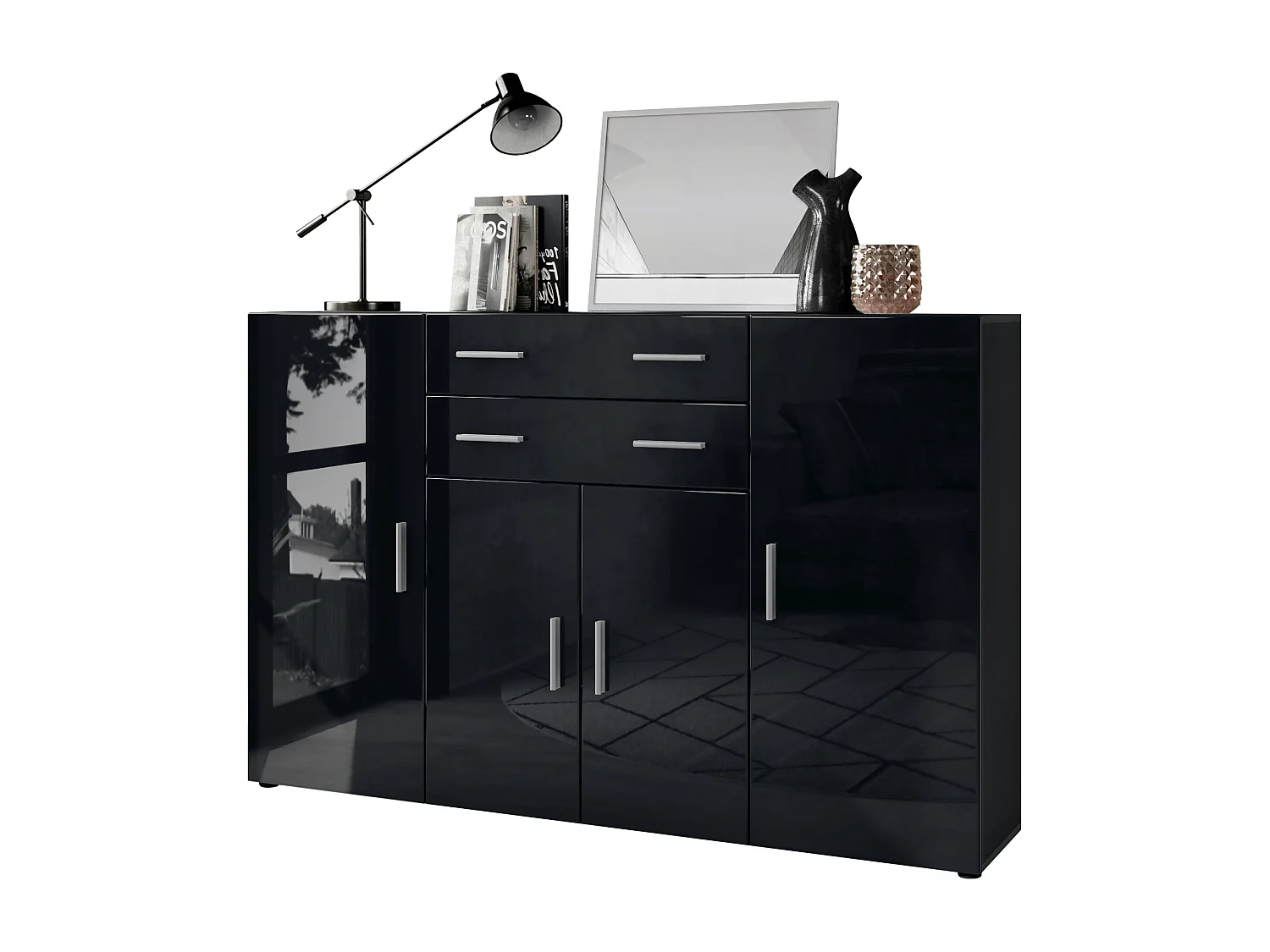 Highboard Aron Sideboard with 2 drawers and 4 doors with a total of 8 compartments behind, antracite opaco /nero lucido (166.5 x 106.5 x 35 cm)