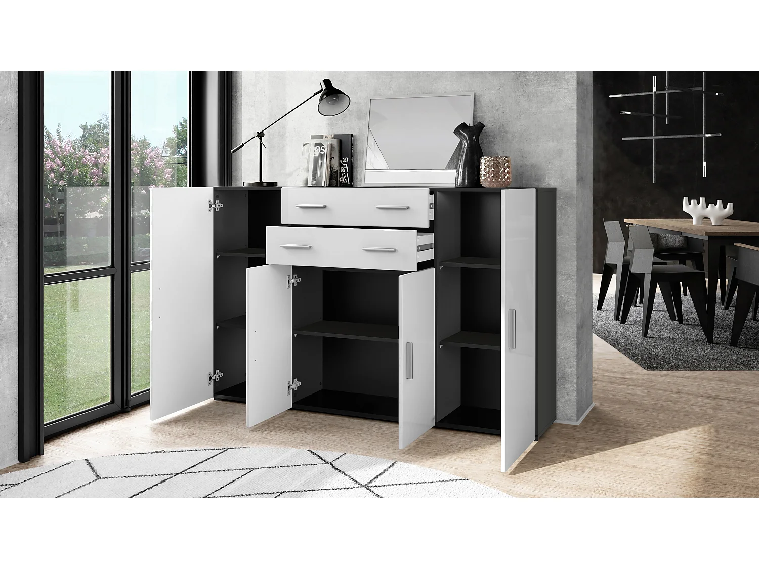 Highboard Aron Sideboard with 2 drawers and 4 doors with a total of 8 compartments behind, antracite opaco /nero lucido (166.5 x 106.5 x 35 cm)