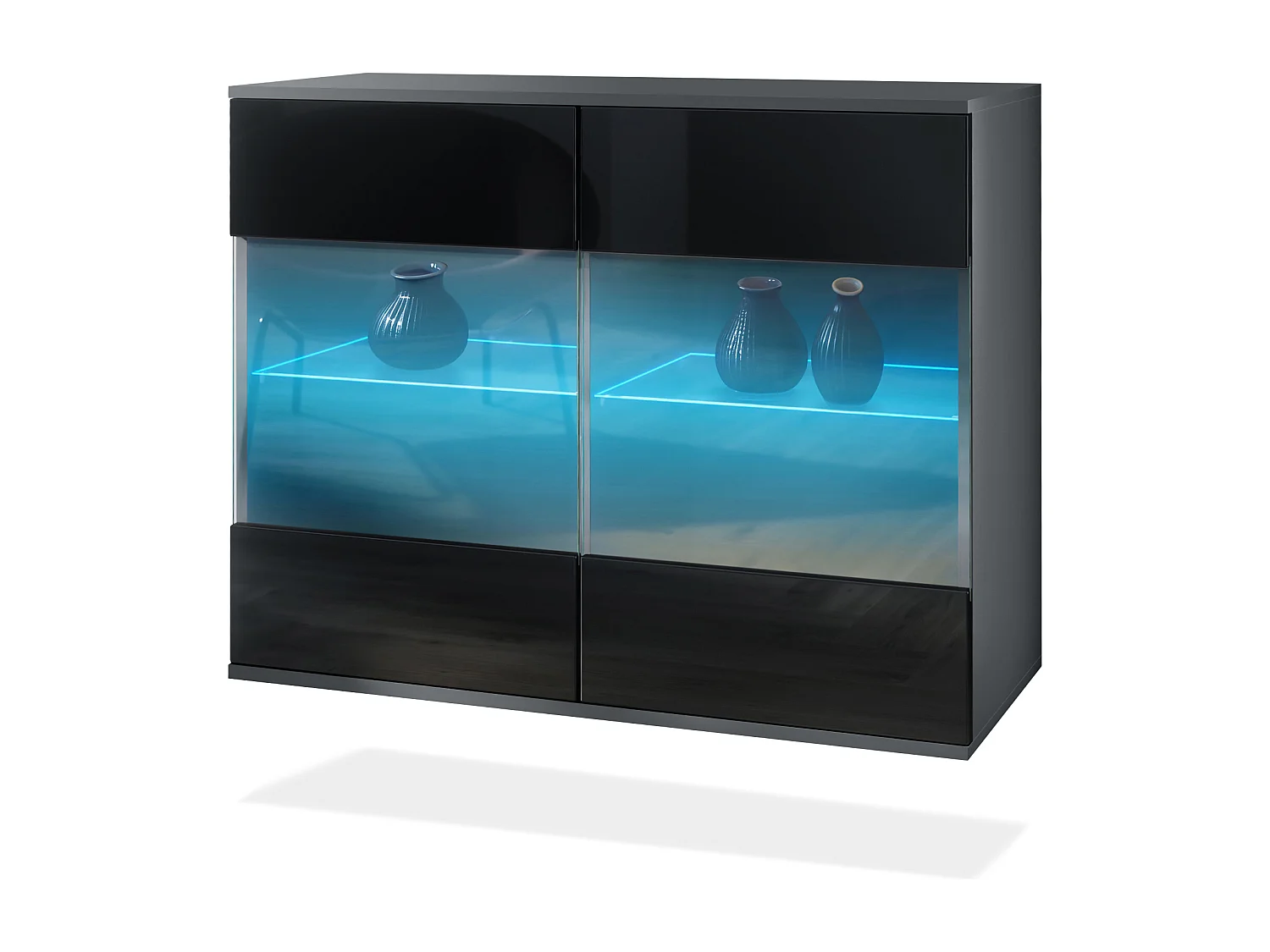 Commode Bari V3, Armoire de cuisine moderne avec 2 grandes portes vitrées incl. éclairage RGB anthracite mat / noir haute brillance (92,5 x 73.5 x 35)
