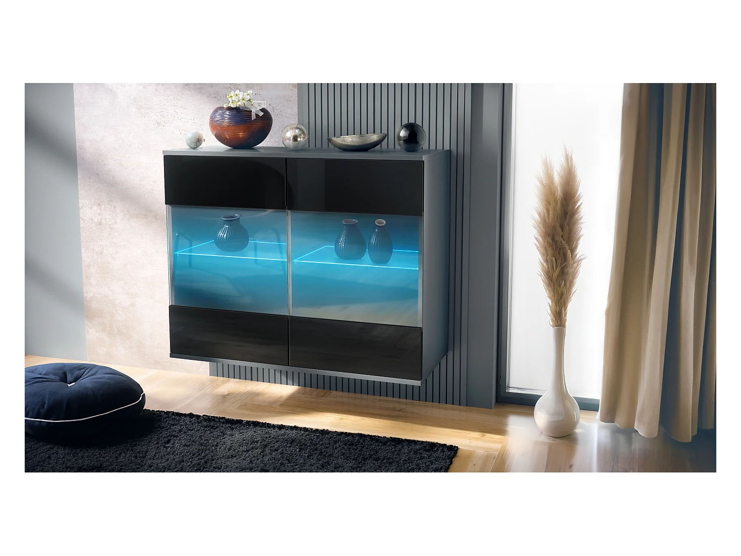 Commode Bari V3, Armoire de cuisine moderne avec 2 grandes portes vitrées incl. éclairage RGB anthracite mat / noir haute brillance (92,5 x 73.5 x 35)