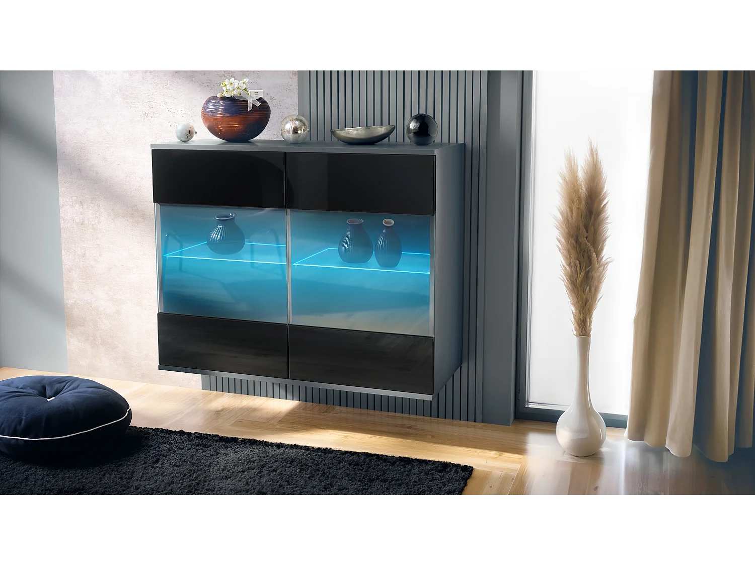 Cómoda Bari V3, Moderno armario de cocina con 2 grandes puertas de cristal incl. iluminación RGB antracita mate / negro de alto brillo (92,5 x 73.5 x 35)