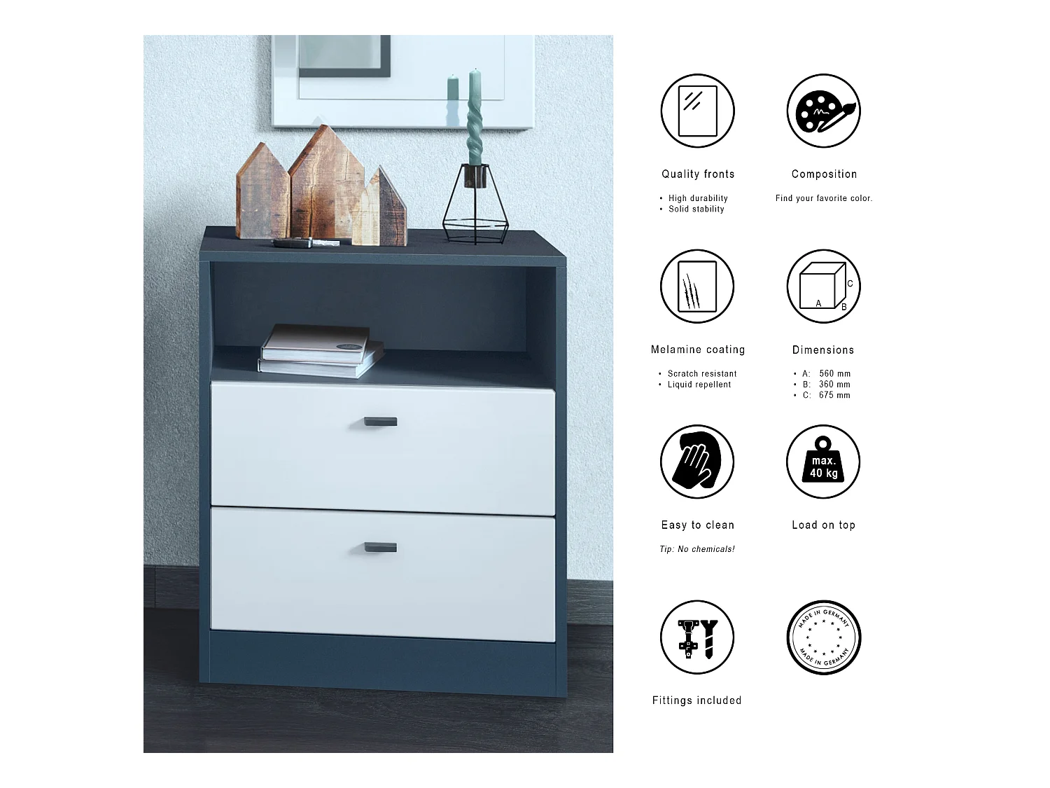 Buffet Pino V1, table de chevet avec 2 tiroirs & 1 compartiment ouvert, Anthracite mat/Blanc mat avec éclairage LED RVB (56 x 67,5 x 36 cm)