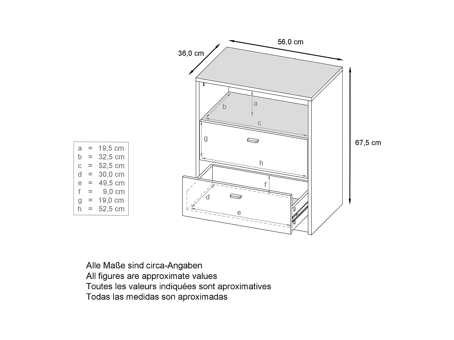 Buffet Pino V1, table de chevet avec 2 tiroirs & 1 compartiment ouvert, Anthracite mat/Blanc mat avec éclairage LED RVB (56 x 67,5 x 36 cm)