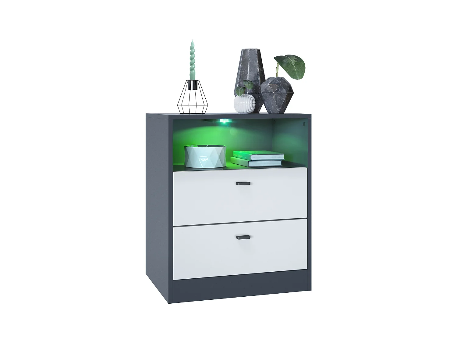 Buffet Pino V1, table de chevet avec 2 tiroirs & 1 compartiment ouvert, Anthracite mat/Blanc mat avec éclairage LED RVB (56 x 67,5 x 36 cm)