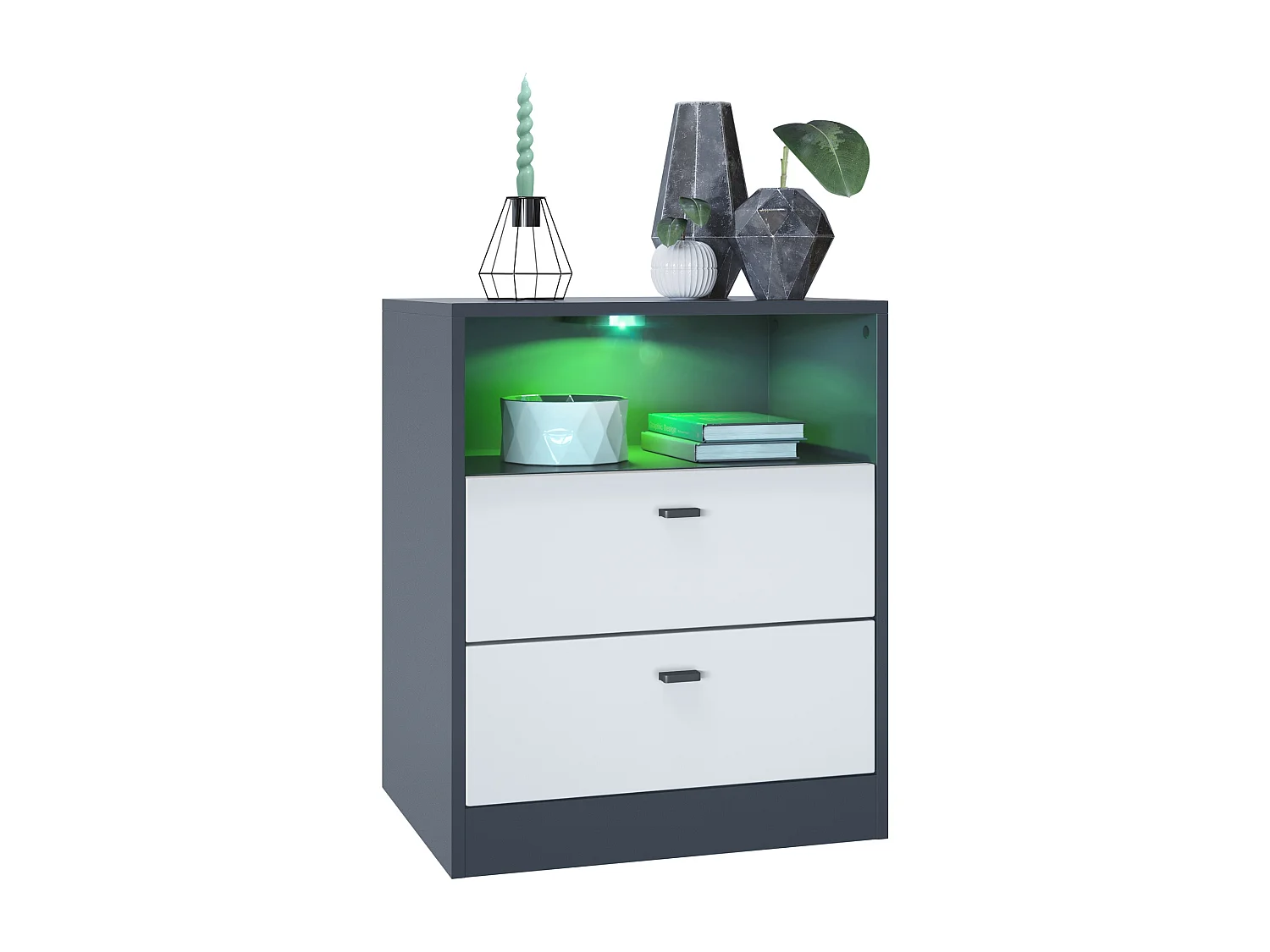 Buffet Pino V1, table de chevet avec 2 tiroirs & 1 compartiment ouvert, Anthracite mat/Blanc mat avec éclairage LED RVB (56 x 67,5 x 36 cm)