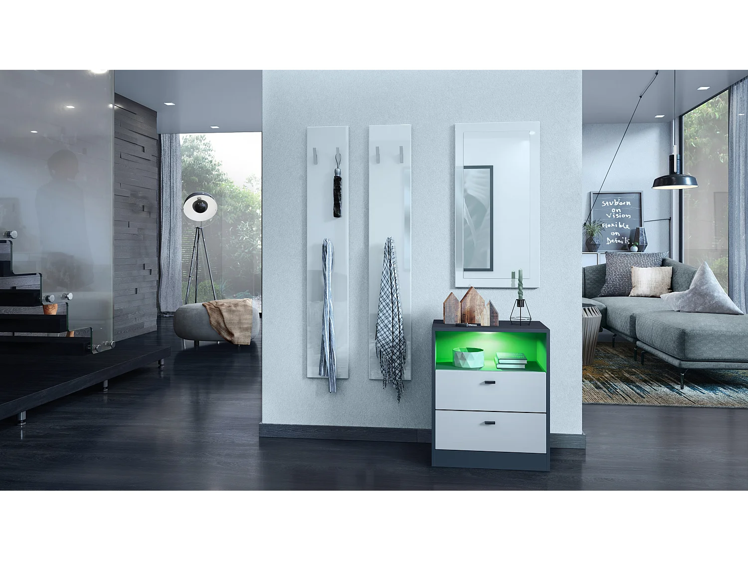 Buffet Pino V1, table de chevet avec 2 tiroirs & 1 compartiment ouvert, Anthracite mat/Blanc mat avec éclairage LED RVB (56 x 67,5 x 36 cm)