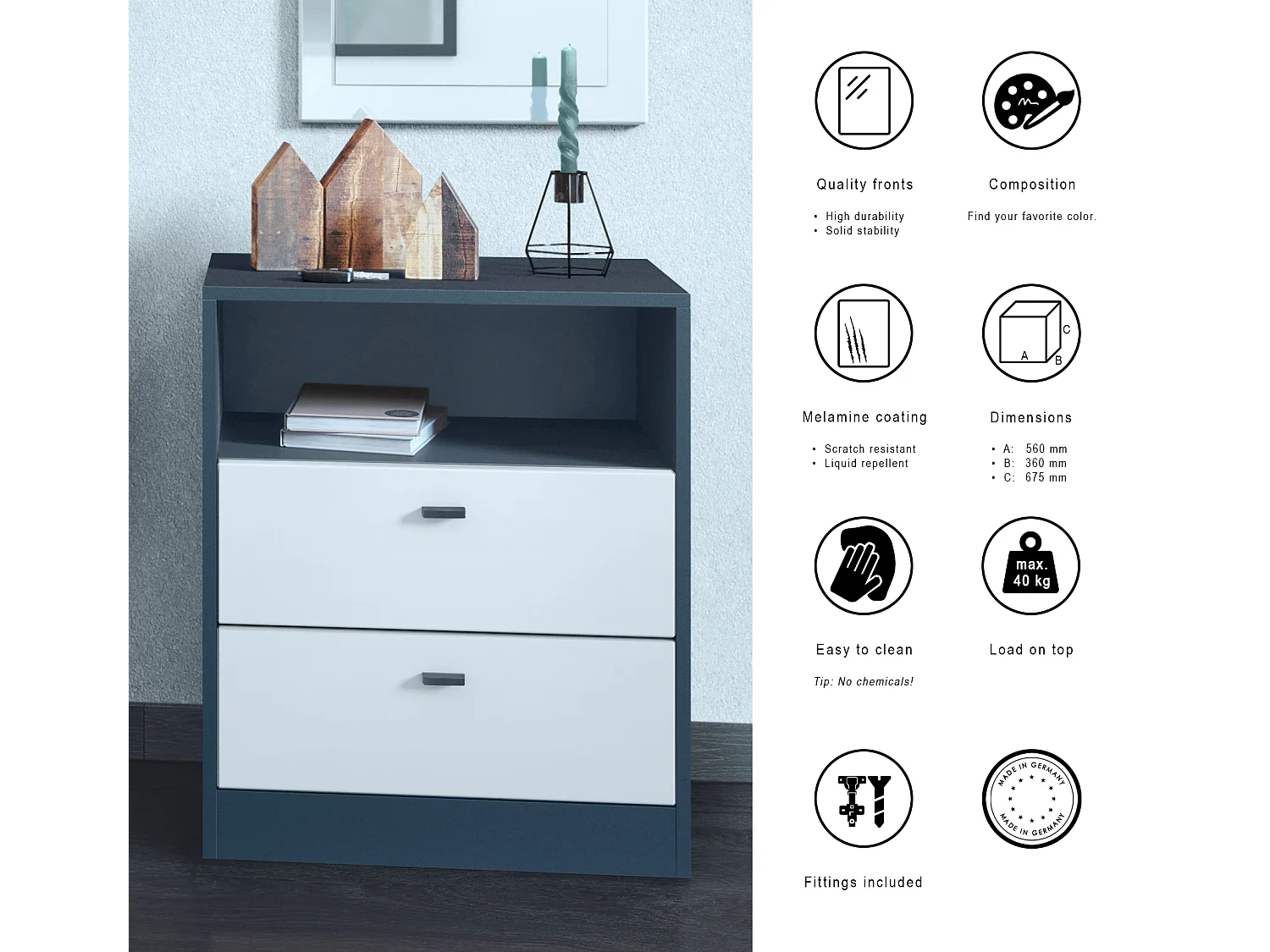 Buffet Pino V1, table de chevet avec 2 tiroirs & 1 compartiment ouvert, Anthracite mat/Blanc mat avec éclairage LED RVB (56 x 67,5 x 36 cm)