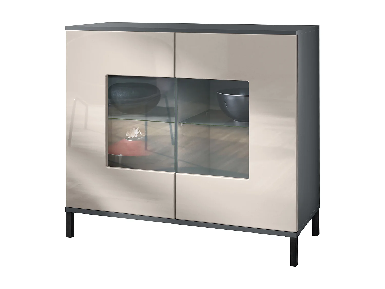 Commode Grömitz V3, Armoire de cuisine moderne avec 2 grandes portes vitrées anthracite mat / gris sable haute brillance (92,5 x 83.5 x 35)