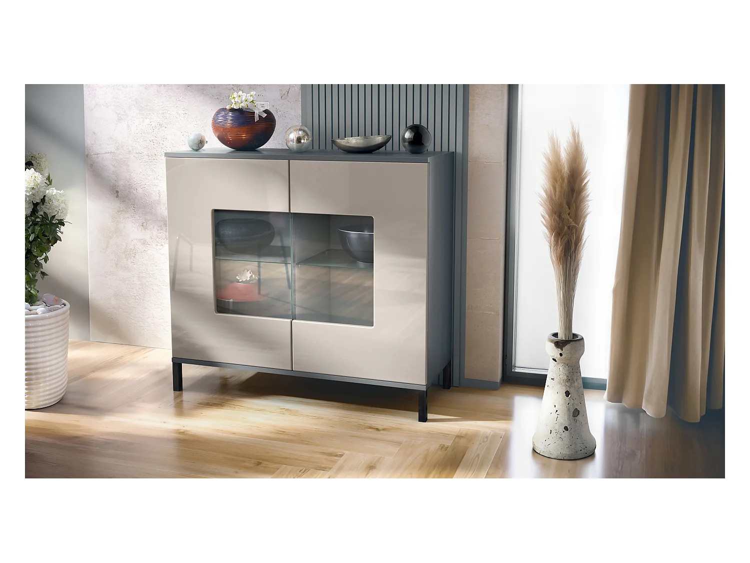 Commode Grömitz V3, Armoire de cuisine moderne avec 2 grandes portes vitrées anthracite mat / gris sable haute brillance (92,5 x 83.5 x 35)