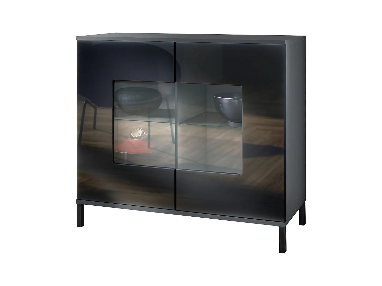 Commode Grömitz V3, Armoire de cuisine moderne avec 2 grandes portes vitrées anthracite mat / noir haute brillance (92,5 x 83.5 x 35)