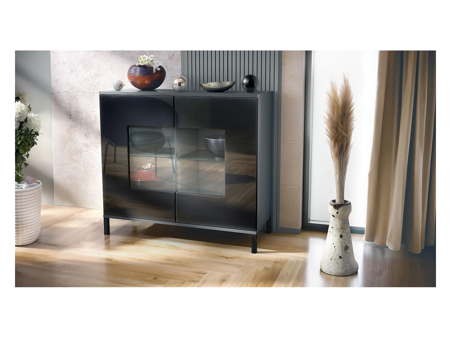 Commode Grömitz V3, Armoire de cuisine moderne avec 2 grandes portes vitrées anthracite mat / noir haute brillance (92,5 x 83.5 x 35)