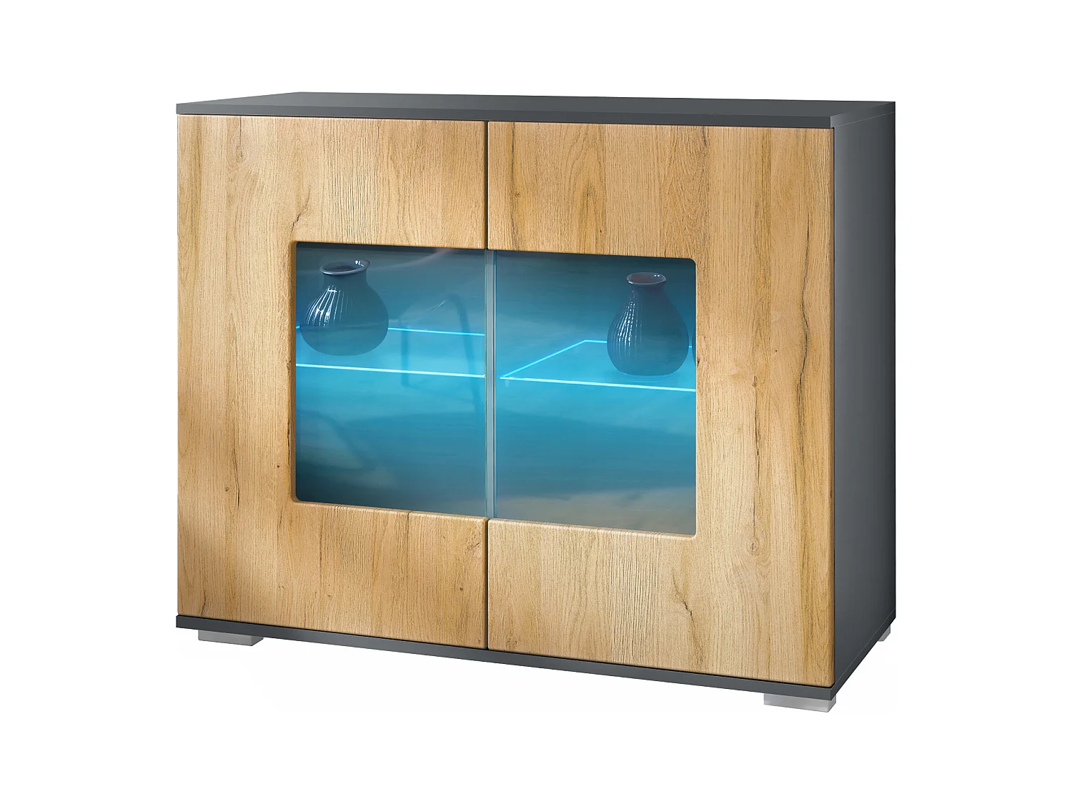 Commode Grömitz V3, Armoire de cuisine moderne avec 2 grandes portes vitrées incl. éclairage RGB anthracite mat / chêne nature (92,5 x 75.5 x 35)