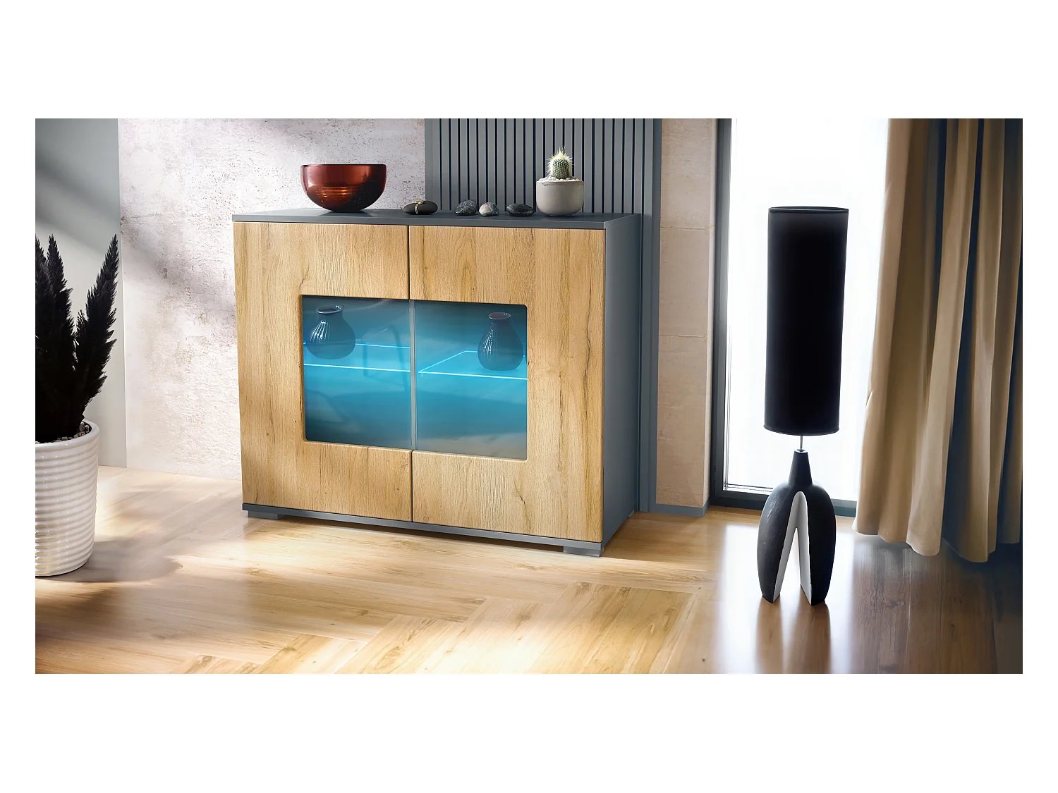 Commode Grömitz V3, Armoire de cuisine moderne avec 2 grandes portes vitrées incl. éclairage RGB anthracite mat / chêne nature (92,5 x 75.5 x 35)