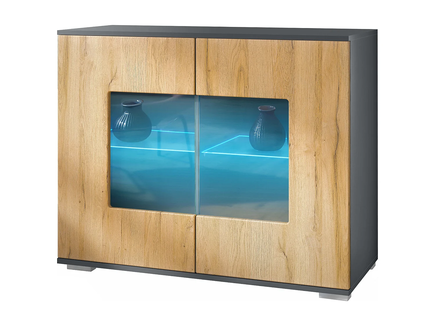 Cassettiera Grömitz V3, Mobile da cucina moderno con 2 grandi ante in vetro incl. illuminazione RGB antracite opaco  / rovere naturale (92,5 x 75.5 x 35)