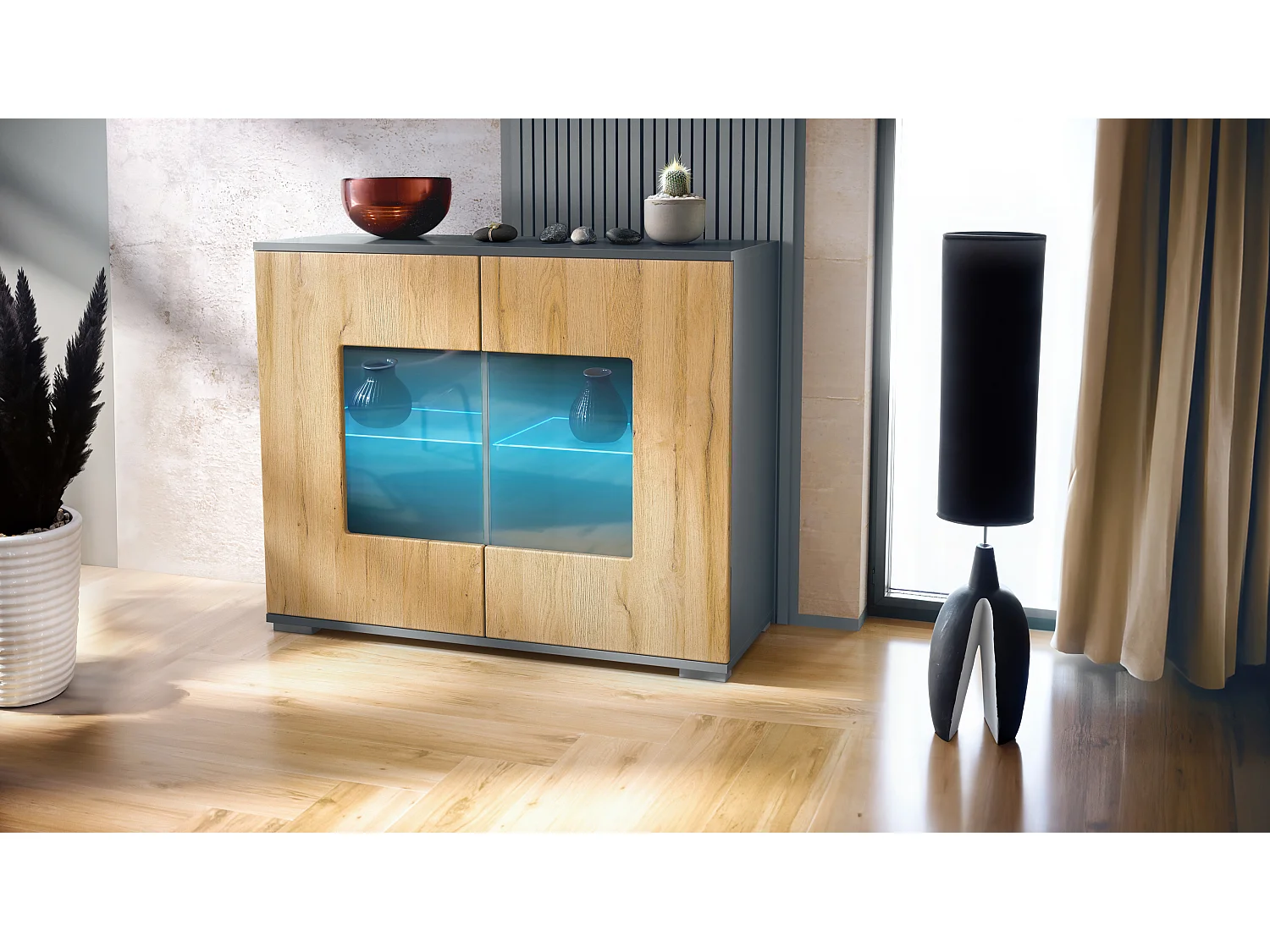 Cassettiera Grömitz V3, Mobile da cucina moderno con 2 grandi ante in vetro incl. illuminazione RGB antracite opaco  / rovere naturale (92,5 x 75.5 x 35)