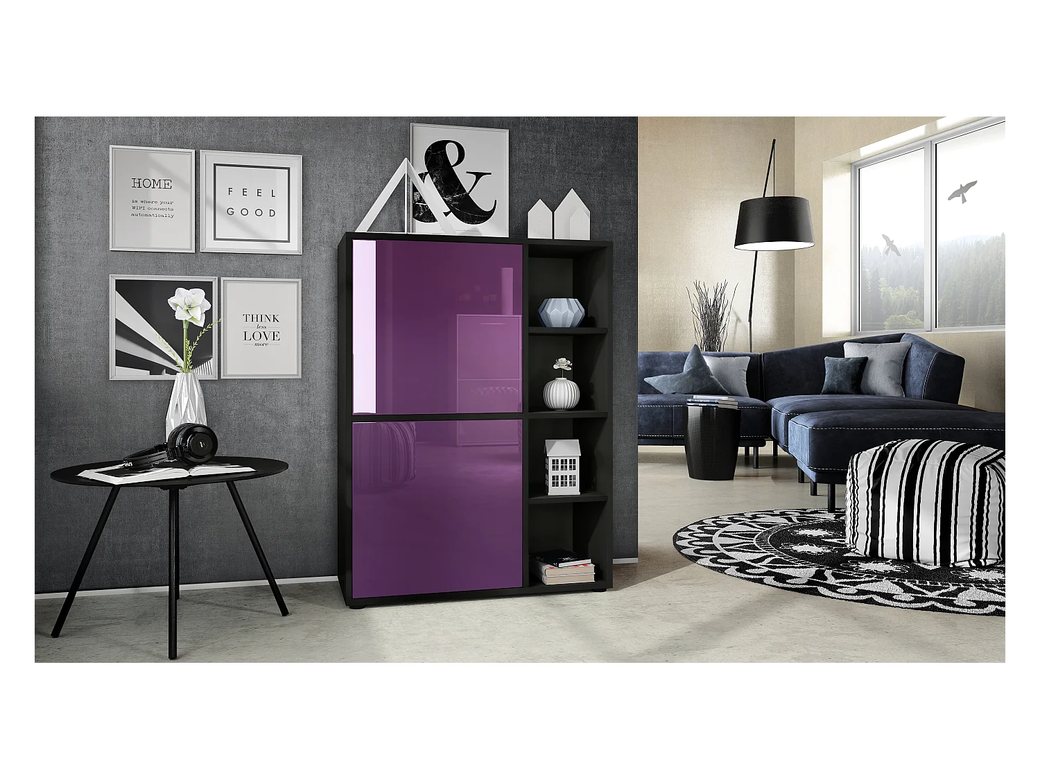 Buffet haut Cuba avec 8 compartiments, caisson en noir mat / Façades en Mûre laqué haute brillance