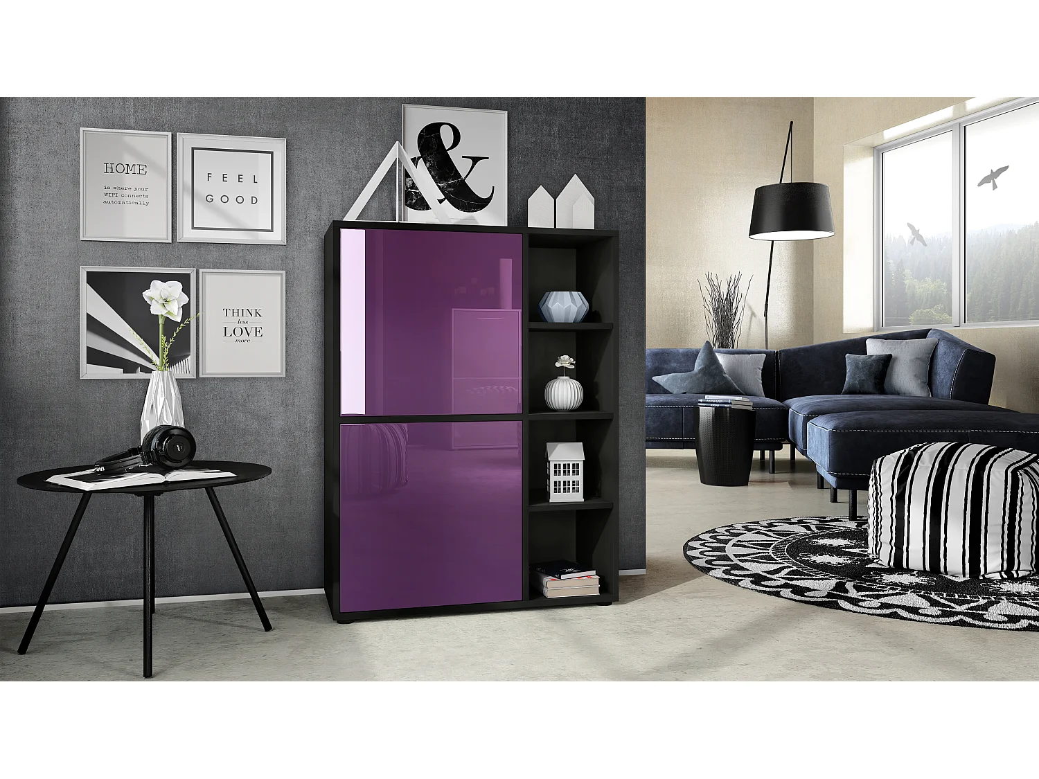 Credenza  Cuba 79 x 105,5 x 35,5 cm Credenza con 8 ripiani, Struttura in nero opaco / Ante in violetto-porpora lucido