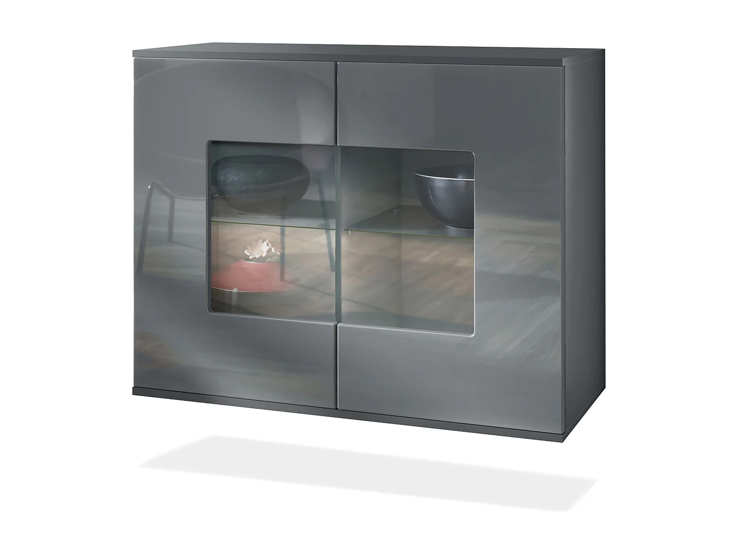 Commode Grömitz V3, Armoire de cuisine moderne avec 2 grandes portes vitrées anthracite mat / gris haute brillance (92,5 x 73.5 x 35)