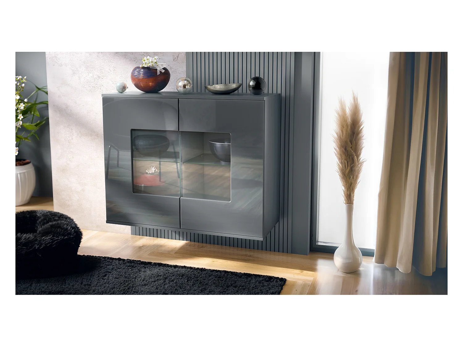 Commode Grömitz V3, Armoire de cuisine moderne avec 2 grandes portes vitrées anthracite mat / gris haute brillance (92,5 x 73.5 x 35)