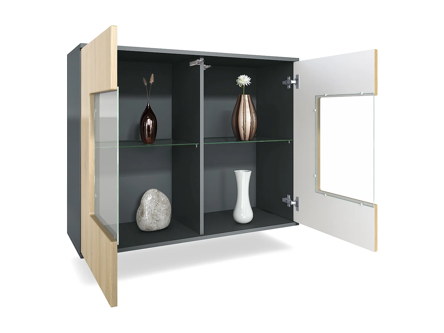 Cómoda Grömitz V3, Moderno armario de cocina con 2 grandes puertas de cristal antracita mate / gris de alto brillo (92,5 x 73.5 x 35)