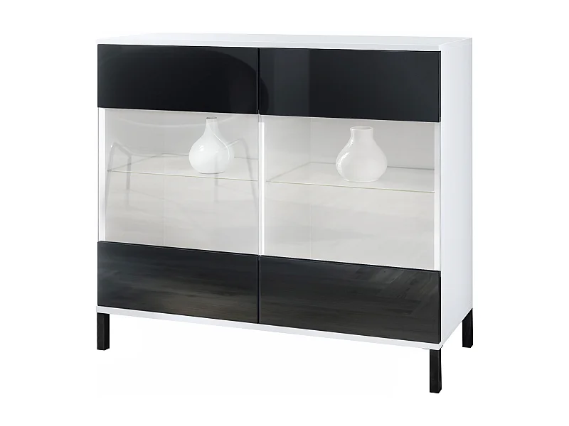 Commode Bari V3, Armoire de cuisine moderne avec 2 grandes portes vitrées blanc mat / noir haute brillance (92,5 x 83.5 x 35)