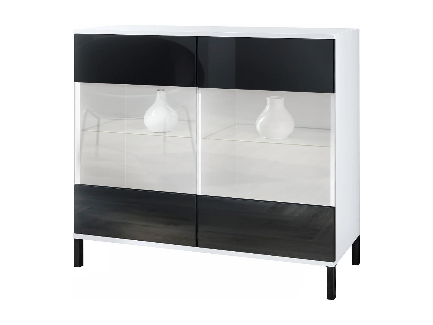 Commode Bari V3, Armoire de cuisine moderne avec 2 grandes portes vitrées blanc mat / noir haute brillance (92,5 x 83.5 x 35)