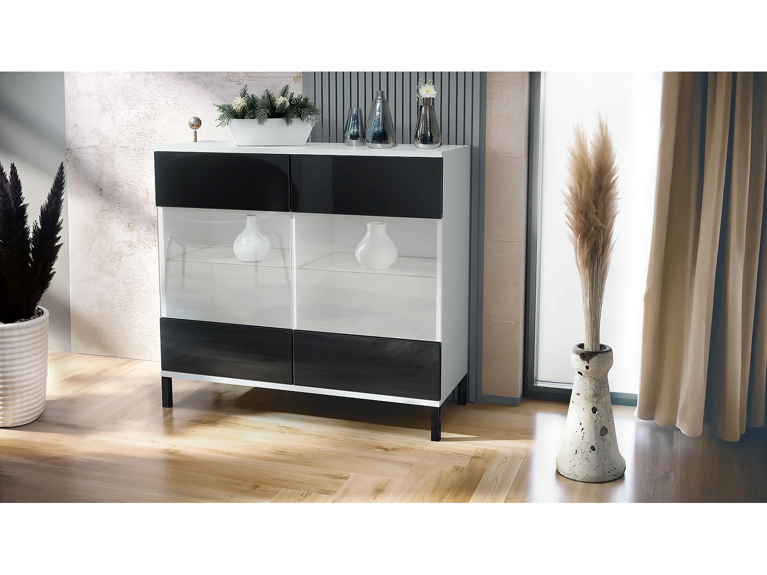 Commode Bari V3, Armoire de cuisine moderne avec 2 grandes portes vitrées blanc mat / noir haute brillance (92,5 x 83.5 x 35)