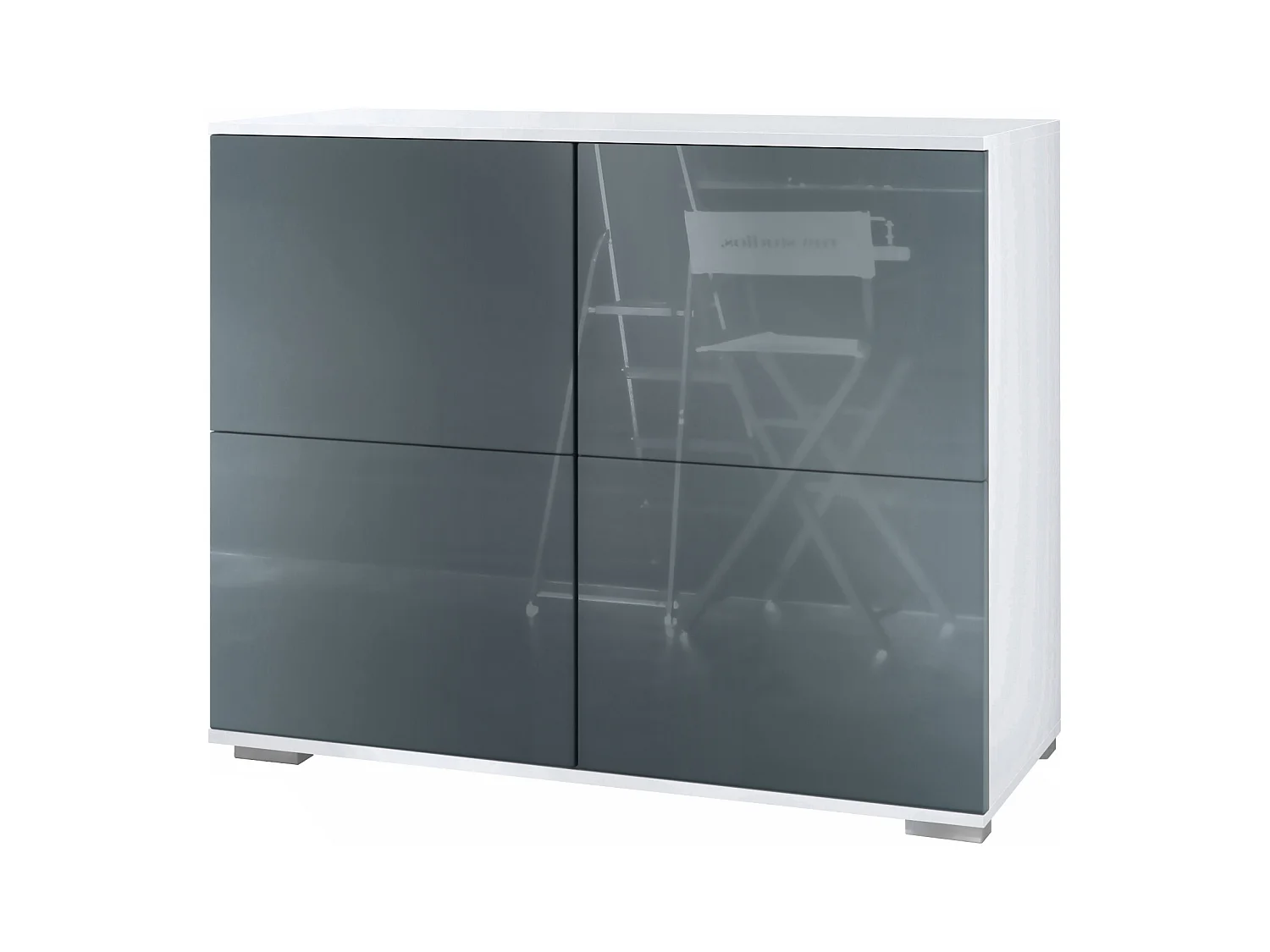 Buffet Rova V3 – Meuble de cuisine moderne avec 4 portes Push-to-Open blanc mat / gris haute brillance (92,5 x 75.5 x 35)