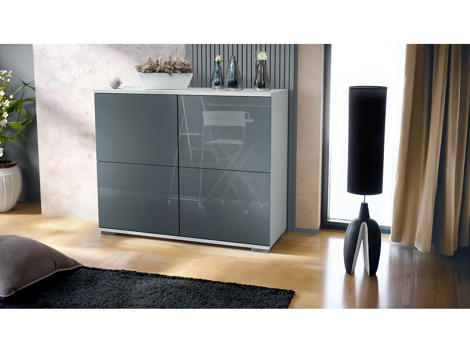 Credenza Rova V3 – Mobile da cucina moderno con 4 ante Push-to-Open bianco opaco / grigio lucido (92,5 x 75.5 x 35)