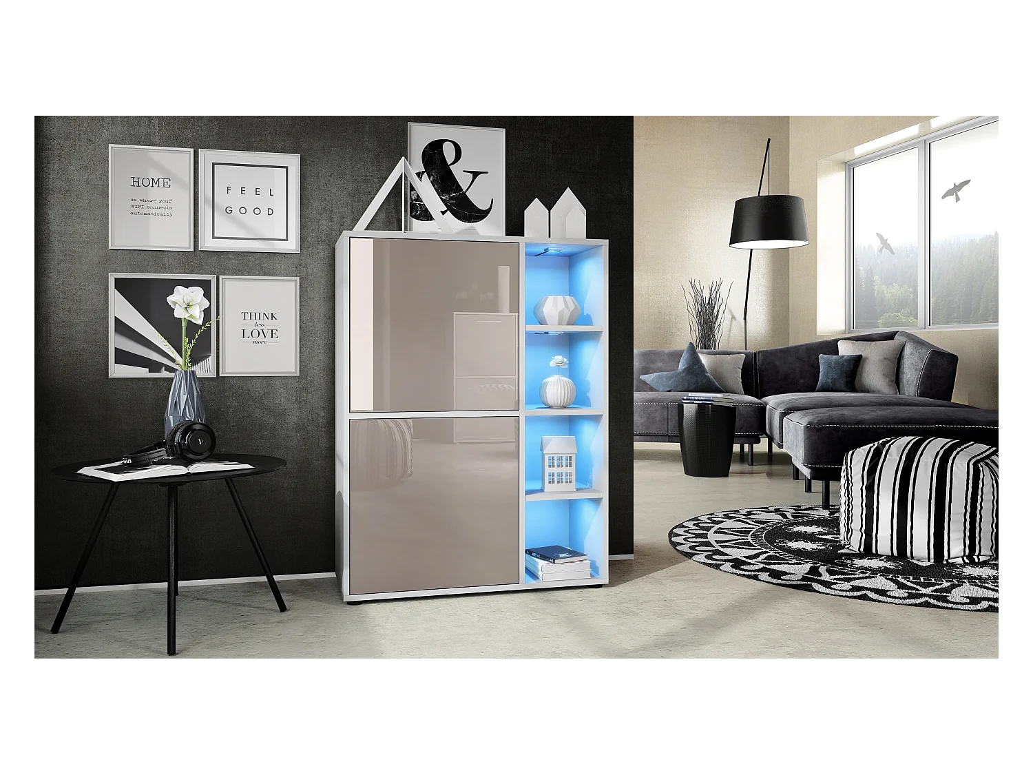 Buffet haut Cuba avec 8 compartiments, caisson en blanc mat / Façades en Gris sable laqué haute brillance avec éclairage LED RGB