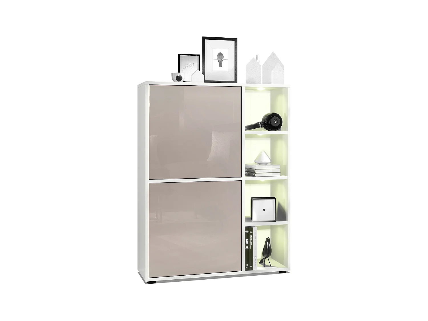 Buffet haut Cuba avec 8 compartiments, caisson en blanc mat / Façades en Gris sable laqué haute brillance avec éclairage LED RGB