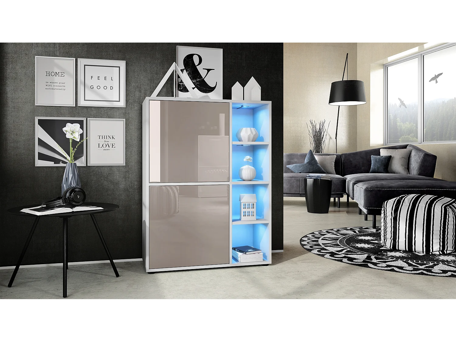 Credenza  Cuba 79 x 105,5 x 35,5 cm Credenza con 8 ripiani, Struttura in bianco opaco / Ante in grigio sabbia lucido con illuminazione LED RGB