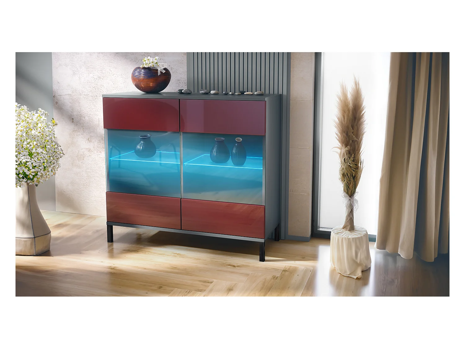 Commode Bari V3, Armoire de cuisine moderne avec 2 grandes portes vitrées incl. éclairage RGB anthracite mat / bordeaux haute brillance (92,5 x 83.5 x 35)