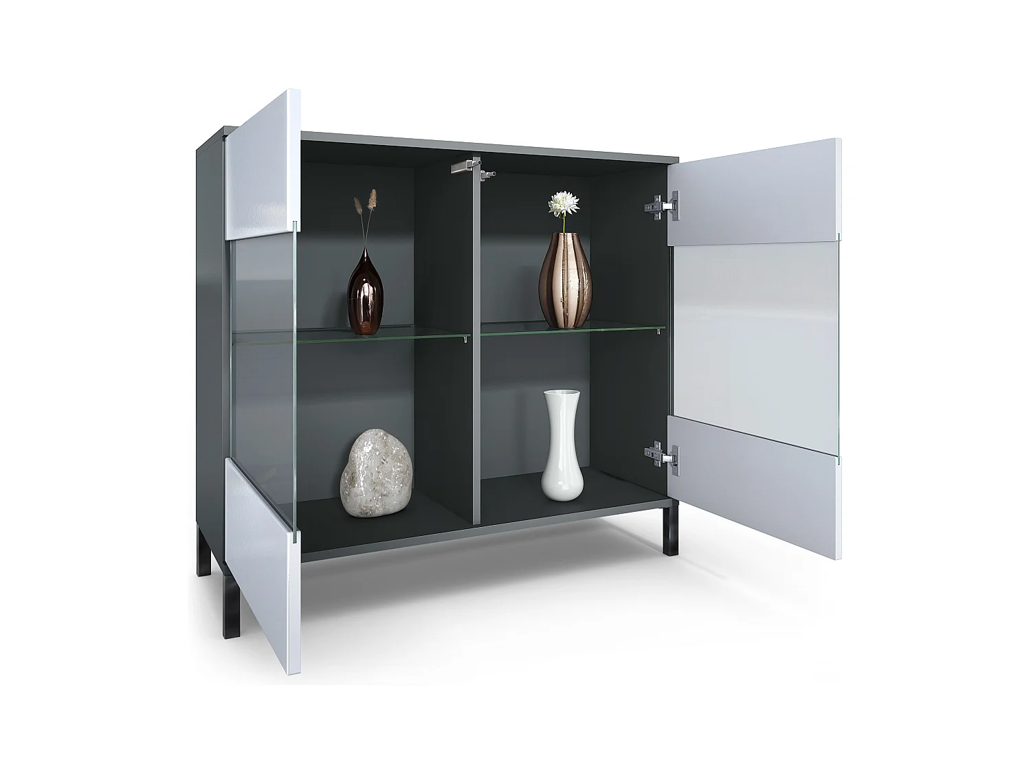 Commode Bari V3, Armoire de cuisine moderne avec 2 grandes portes vitrées incl. éclairage RGB anthracite mat / bordeaux haute brillance (92,5 x 83.5 x 35)