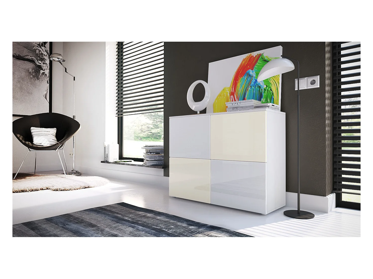 Madia  Rova, Mobile con 4 ante, Bianco opaco/Bianco lucido/Crema lucido (92 x 72 x 35 cm)