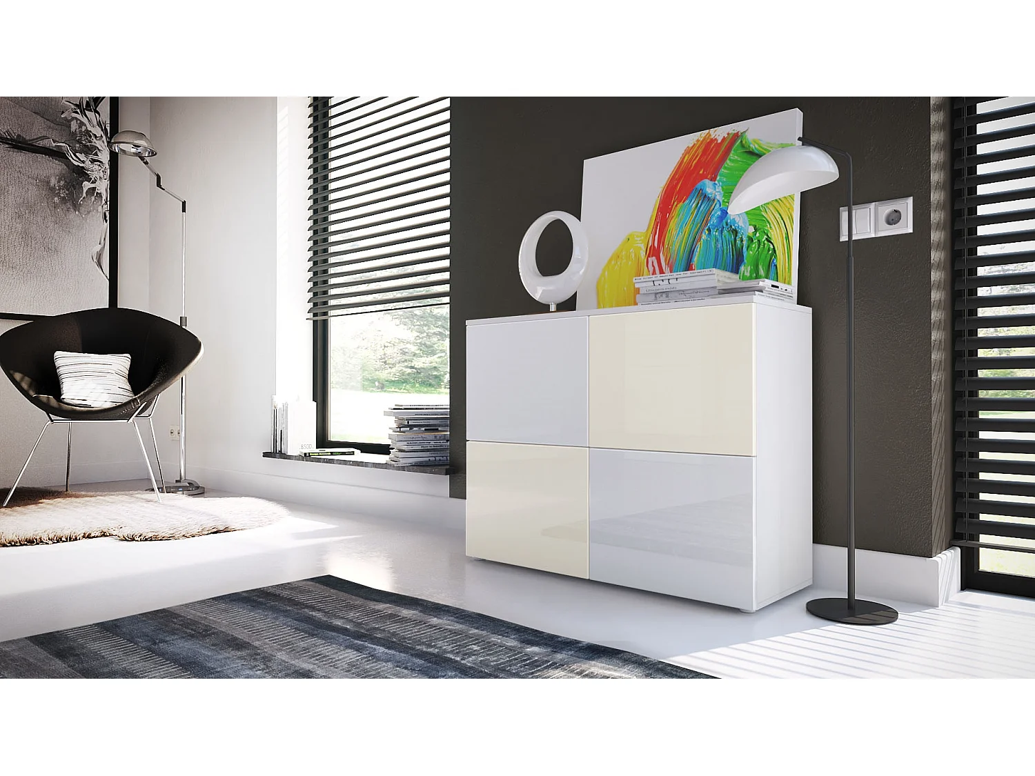 Madia  Rova, Mobile con 4 ante, Bianco opaco/Bianco lucido/Crema lucido (92 x 72 x 35 cm)