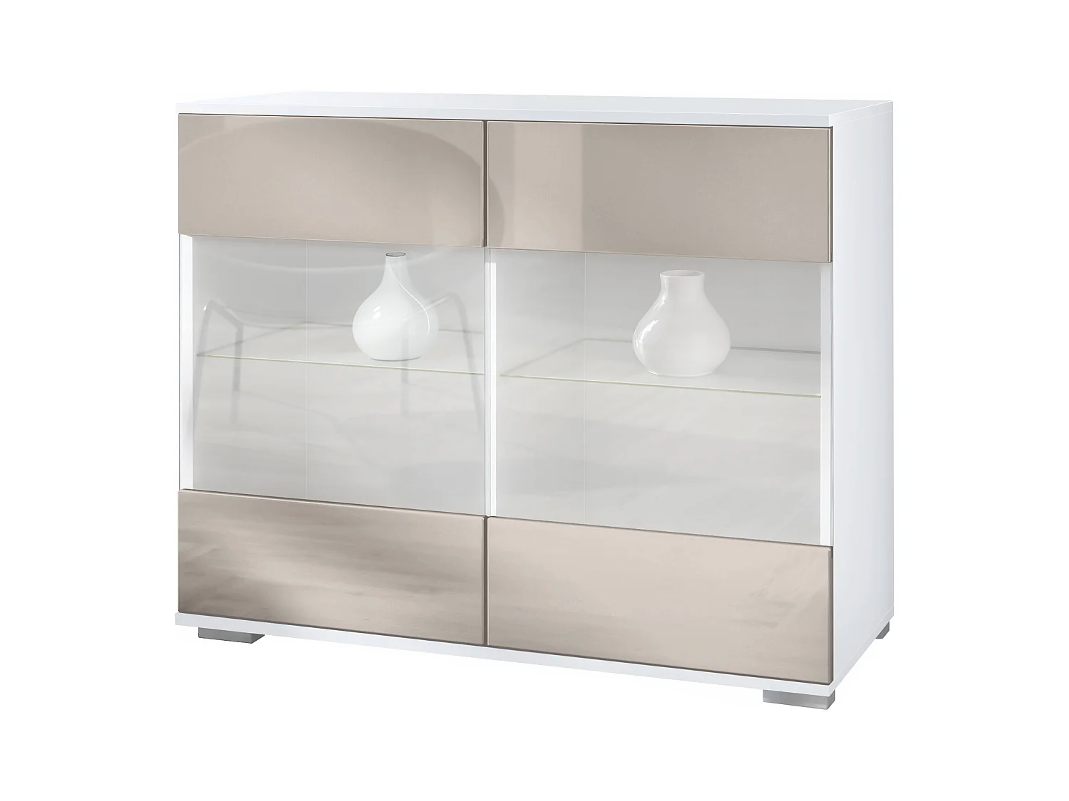 Commode Bari V3, Armoire de cuisine moderne avec 2 grandes portes vitrées blanc mat / gris sable haute brillance (92,5 x 75.5 x 35)