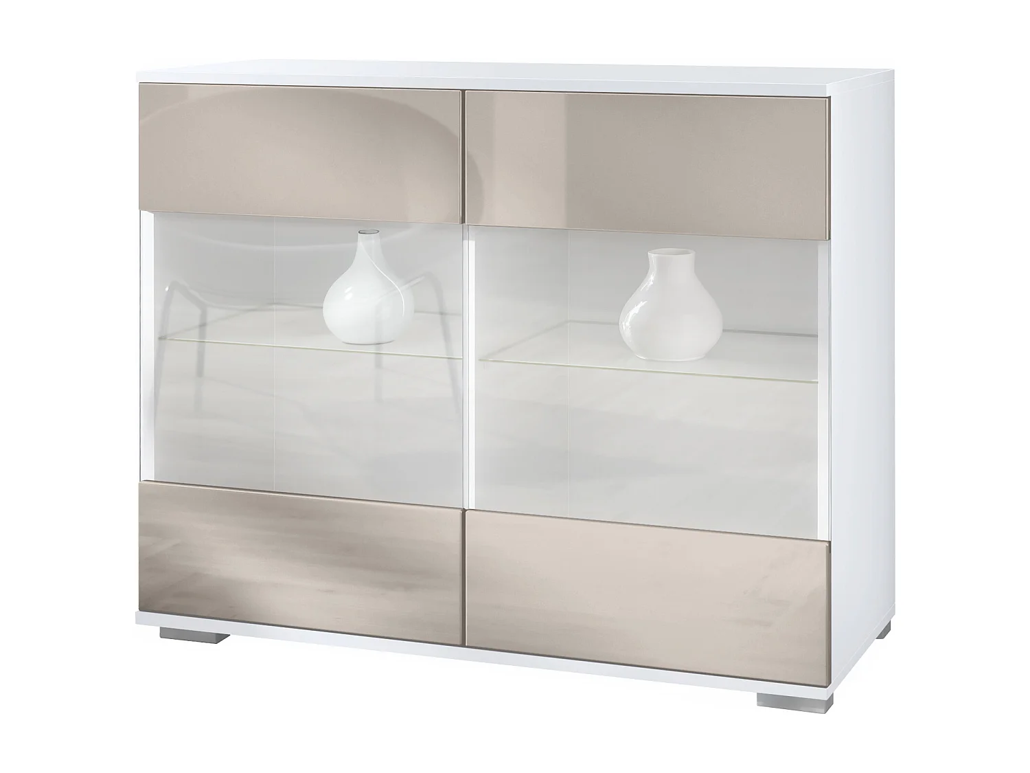 Cassettiera Bari V3, Mobile da cucina moderno con 2 grandi ante in vetro bianco opaco / grigio sabbia lucido (92,5 x 75.5 x 35)