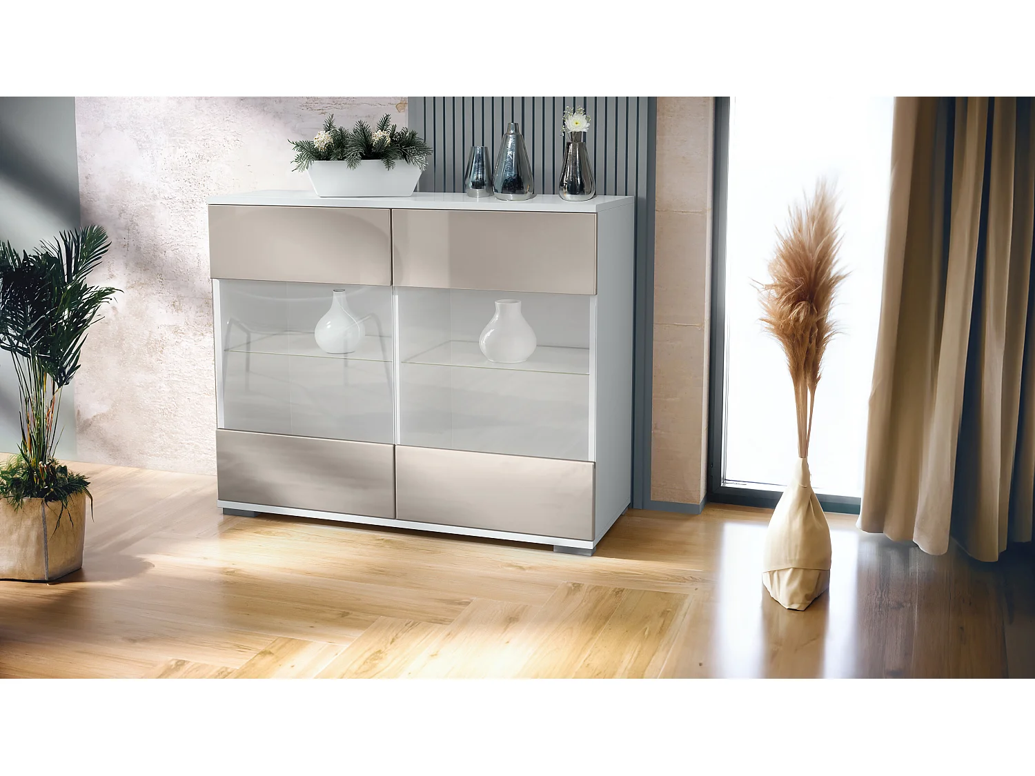 Cassettiera Bari V3, Mobile da cucina moderno con 2 grandi ante in vetro bianco opaco / grigio sabbia lucido (92,5 x 75.5 x 35)