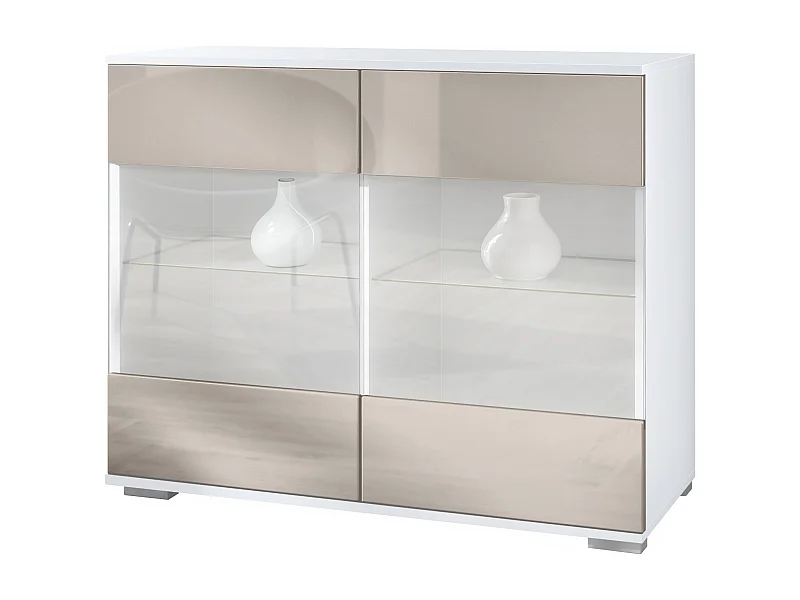 Cassettiera Bari V3, Mobile da cucina moderno con 2 grandi ante in vetro bianco opaco / grigio sabbia lucido (92,5 x 75.5 x 35)