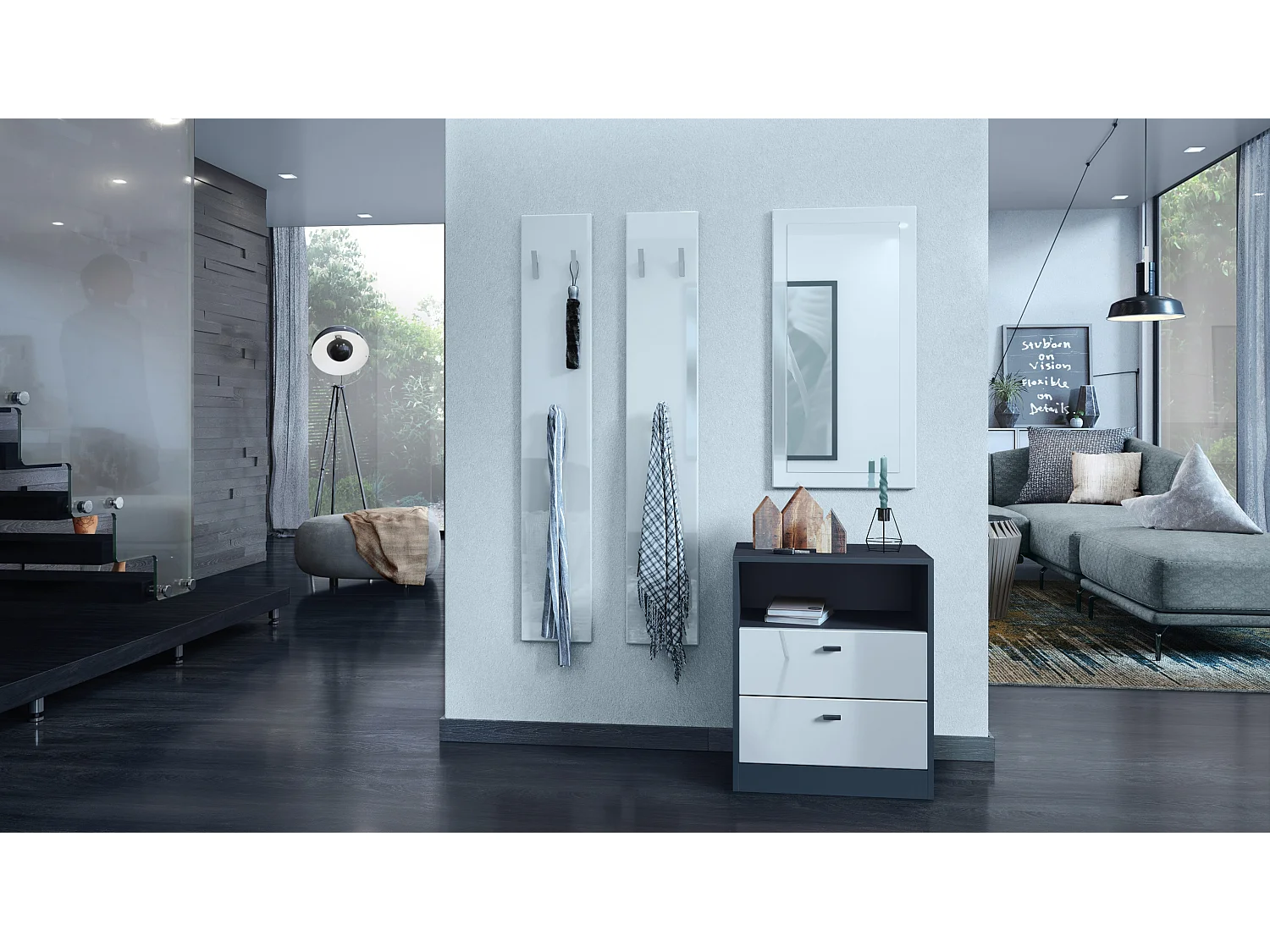 Cassettiera Pino V1, Comodino con 2 cassetti e 1 vano a giorno, antracite/bianco lucido senza LED (56 x 67,5 x 36 cm)