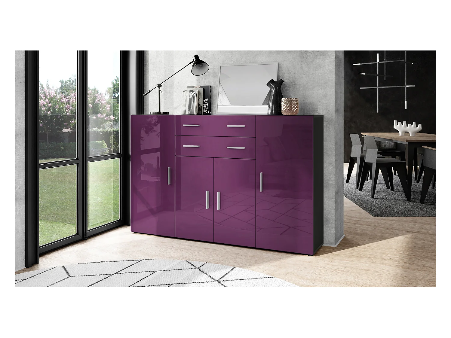 Le Buffet Haut Aron bahut avec 2 tiroirs et 4 portes avec un total de 8 compartiments derrière, anthracite mat/mûre haute brillance (166,5 x 106,5 x 35 cm)