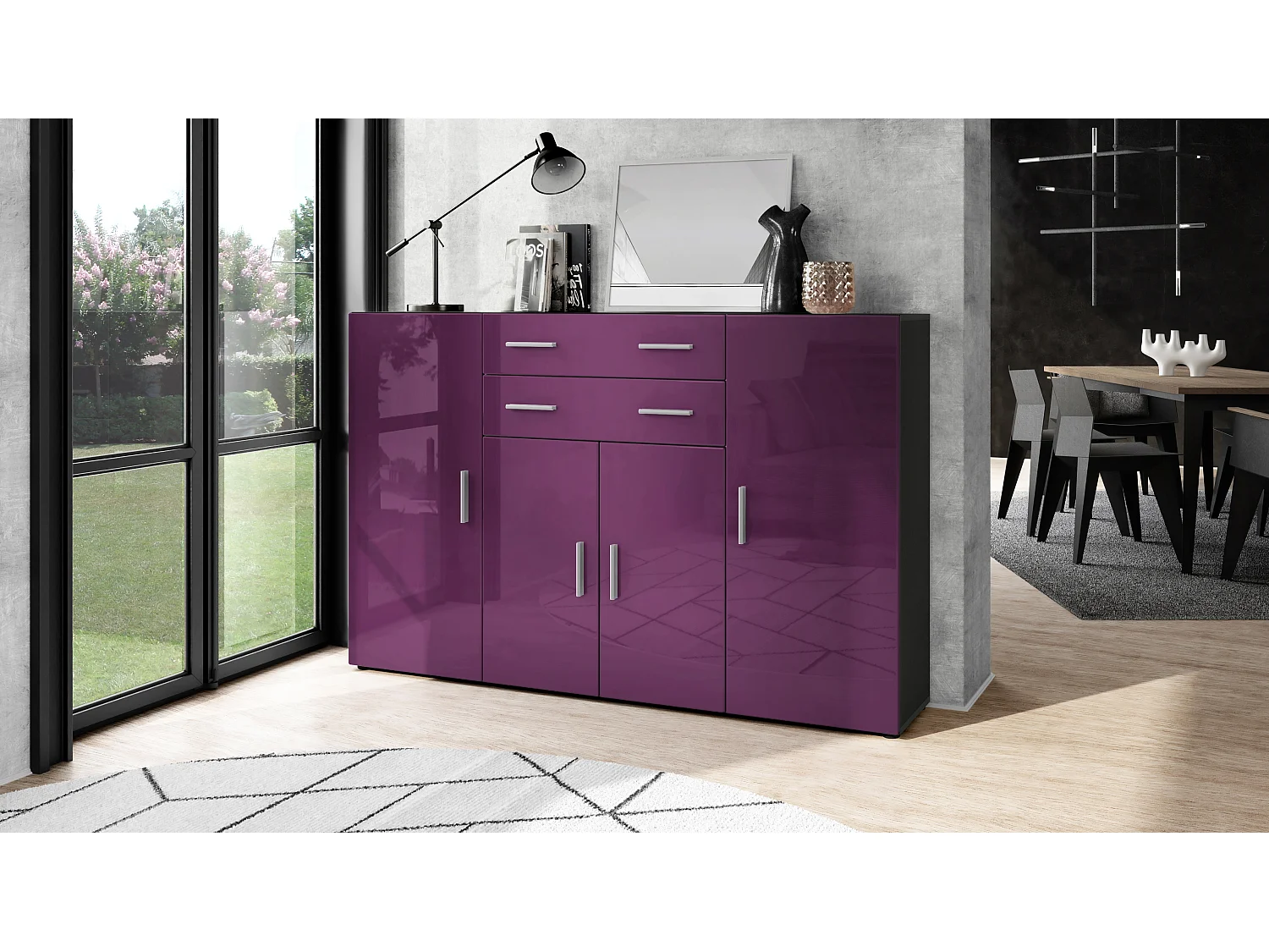 Highboard Aron Sideboard with 2 drawers and 4 doors with a total of 8 compartments behind, antracite opaco /violetto porpora lucido (166.5 x 106.5 x 35 cm)