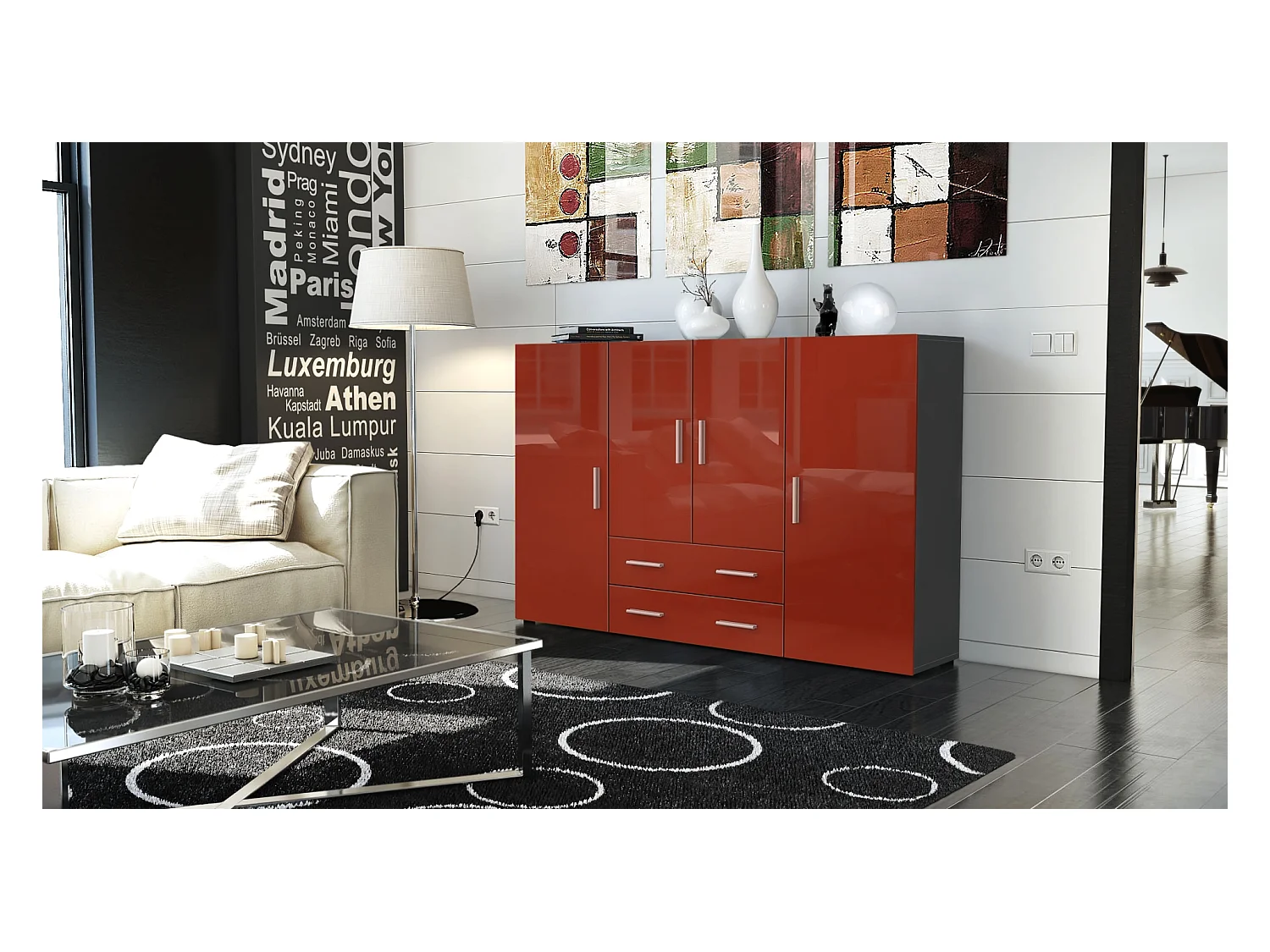 Le Buffet Haut Nora bahut avec 2 tiroirs et 4 portes avec un total de 8 compartiments derrière, anthracite mat/bordeaux haute brillance (166,5 x 106,5 x 35 cm)